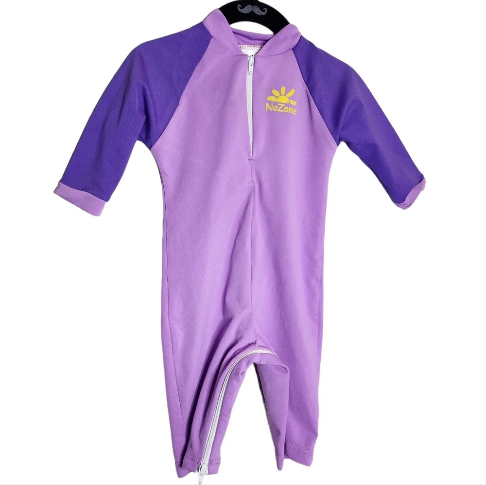 Nozone Fiji Sun Protective Baby Swimsuit in Purple. Double zip. 6-12 Months.